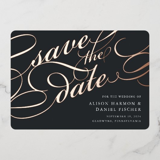 Invitation En Aluminium Script classique Enregistrer la date (Recto)