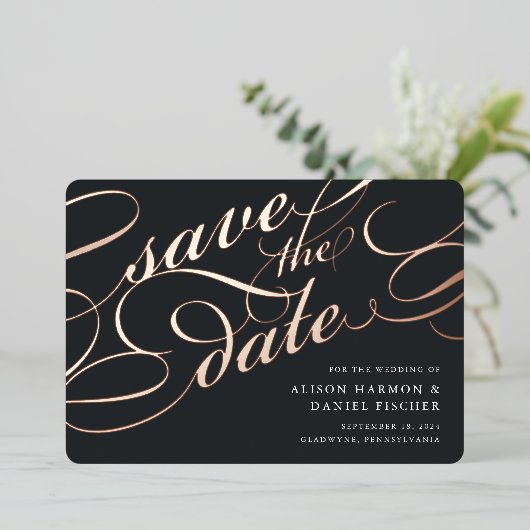 Invitation En Aluminium Script classique Enregistrer la date (Debout devant)