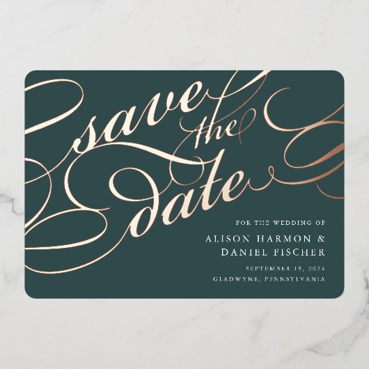 Invitation En Aluminium Script classique Enregistrer la date (Recto)