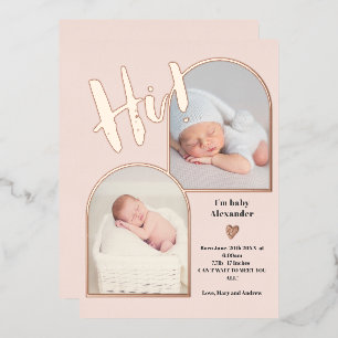 Invitation En Aluminium Script de bienvenue cœur photo bébé naissance rose