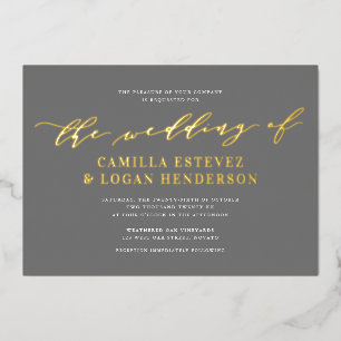 Invitation En Aluminium Script de calligraphie moderne Mariage Gris + Or