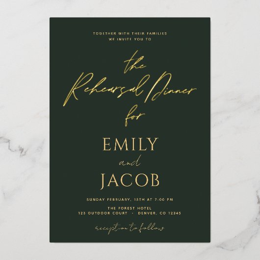Invitation En Aluminium Script de typographie moderne Mariage d'or vert (Recto)