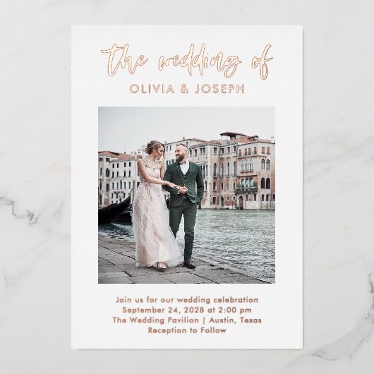 Invitation En Aluminium Script décontracté et photo | Rose mariage (Recto)