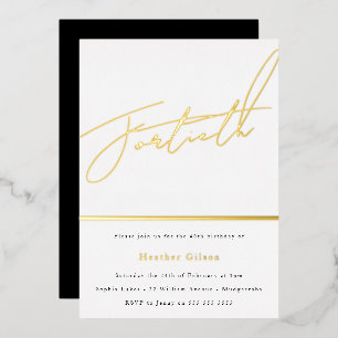 Invitation En Aluminium Script d'or noir blanc Mens femmes 40e anniversair