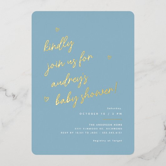 Invitation En Aluminium Script Doré | Baby-Showing Moderne Garçon Bleu Cla (Recto)
