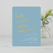 Invitation En Aluminium Script Doré | Baby-Showing Moderne Garçon Bleu Cla (Debout devant)