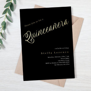 Invitation En Aluminium Script en or noir élégant Quinceanera