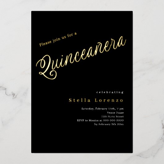 Invitation En Aluminium Script en or noir élégant Quinceanera (Recto)