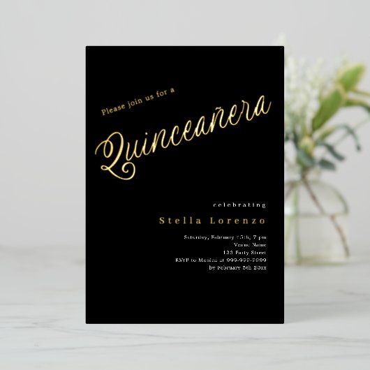 Invitation En Aluminium Script en or noir élégant Quinceanera (Debout devant)