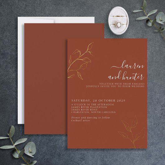 Invitation En Aluminium Script en terre cuite or Mariage botanique Foil In