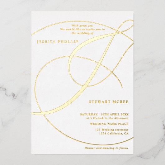 Invitation En Aluminium Script esperluette blanche calligraphie mariage or (Recto)