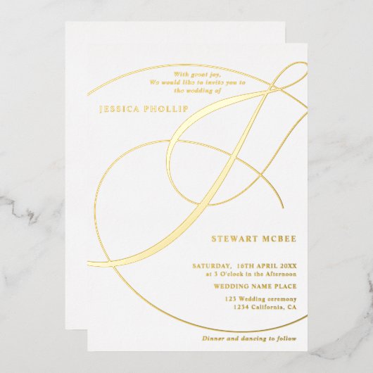 Invitation En Aluminium Script esperluette blanche calligraphie mariage or (Recto/Verso)