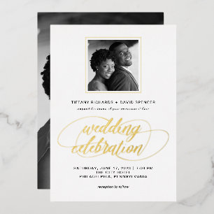 Invitation En Aluminium Script et photo   Or Mariage