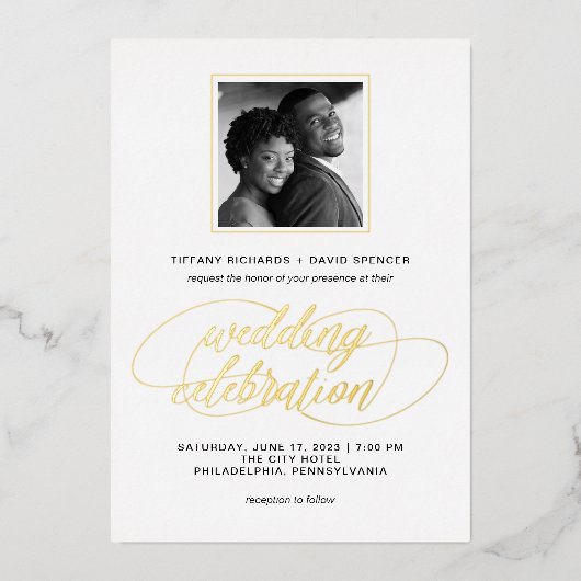 Invitation En Aluminium Script et photo | Or mariage (Recto)