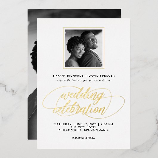 Invitation En Aluminium Script et photo | Or mariage (Recto/Verso)