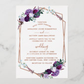 Invitation En Aluminium Script Floral violet Mariage géométrique Rose or (Recto)