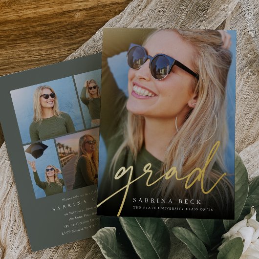 Invitation En Aluminium Script Foil Photo Graduation Announcement & Invite