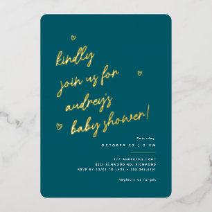 Invitation En Aluminium Script Gold Baby shower neutre Turquoise foncé