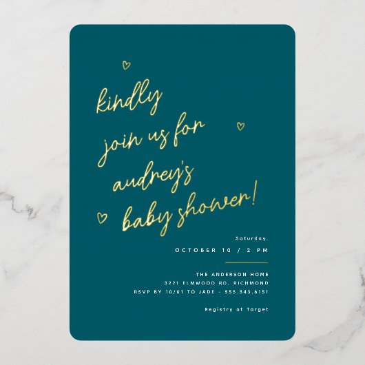Invitation En Aluminium Script Gold | Baby shower neutre Turquoise foncé (Recto)