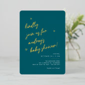Invitation En Aluminium Script Gold | Baby shower neutre Turquoise foncé (Debout devant)