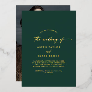 Invitation En Aluminium Script Gold Foil Emerald Photo Mariage