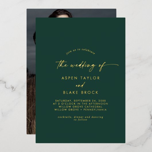 Invitation En Aluminium Script Gold Foil | Emerald Photo Mariage (Recto/Verso)