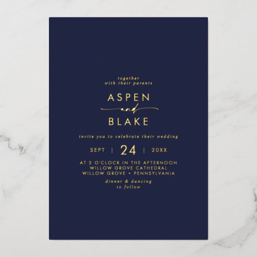 Invitation En Aluminium Script Gold Foil | Mariage Décontracté de marine (Recto)
