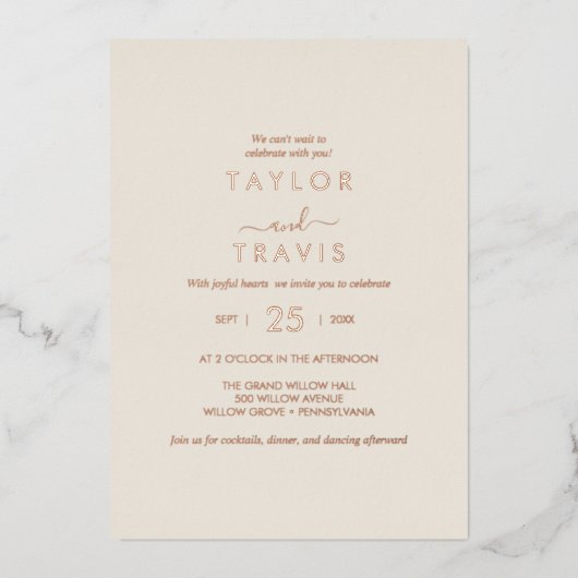 Invitation En Aluminium Script Gold Foil | Mariage Décontracté de marine (Recto)