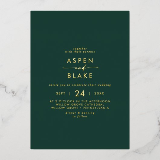 Invitation En Aluminium Script Gold Foil | Mariage Décontracté Emerald (Recto)