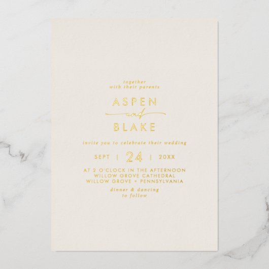 Invitation En Aluminium Script Gold Foil | Mariage Décontracté ivoire (Recto)