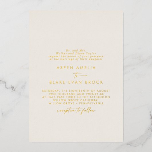 Invitation En Aluminium Script Gold Foil | Mariage officiel ivoire (Recto)