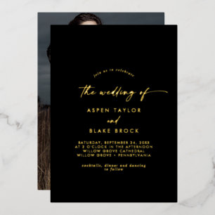 Invitation En Aluminium Script Gold Foil Mariage photo noir