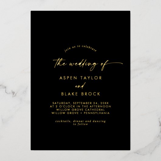 Invitation En Aluminium Script Gold Foil | Mariage photo noir (Recto)