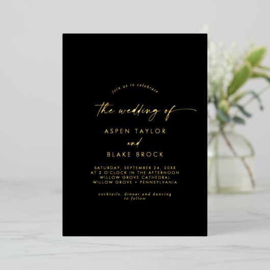 Invitation En Aluminium Script Gold Foil | Mariage photo noir (Debout devant)