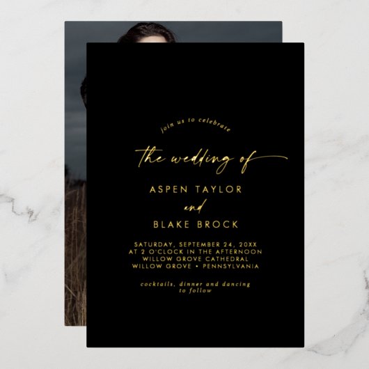 Invitation En Aluminium Script Gold Foil | Mariage photo noir (Recto/Verso)