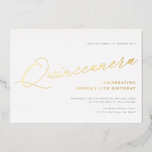 Invitation En Aluminium Script gracieux Quinceañera Anniversaire Party Gol (Recto)