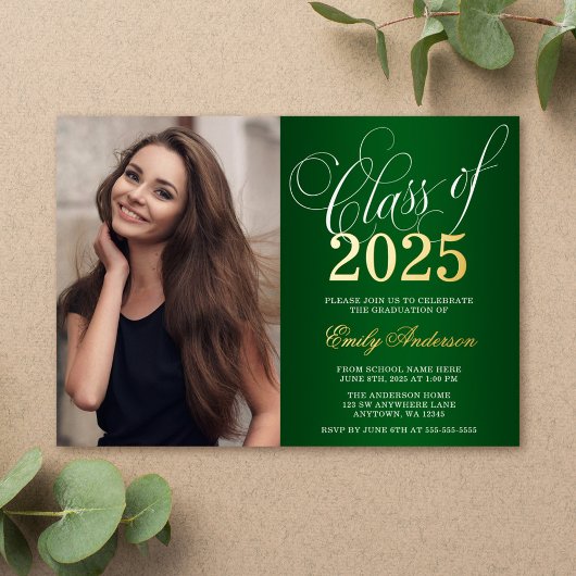 Invitation En Aluminium Script Green 2025 Photo Graduation Party Gold