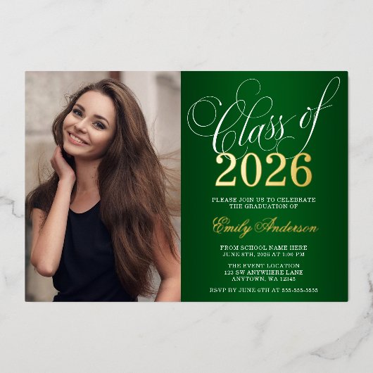 Invitation En Aluminium Script Green 2025 Photo Graduation Party Gold (Recto)