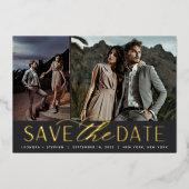 Invitation En Aluminium Script lisse | Deux photos Enregistrer la date (Recto)