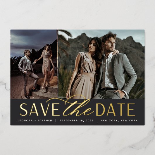 Invitation En Aluminium Script lisse | Deux photos Enregistrer la date (Recto)