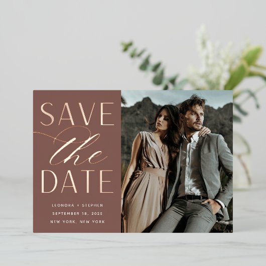 Invitation En Aluminium Script lisse | Photo unique Enregistrer la date (Debout devant)