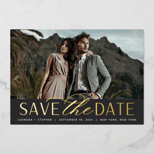 Invitation En Aluminium Script lisse | Photo unique Enregistrer la date (Recto)