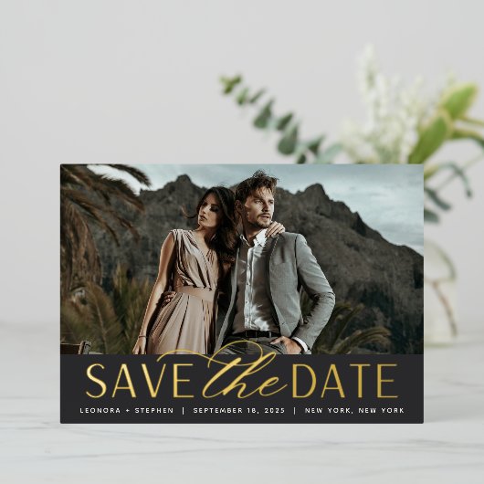 Invitation En Aluminium Script lisse | Photo unique Enregistrer la date (Debout devant)