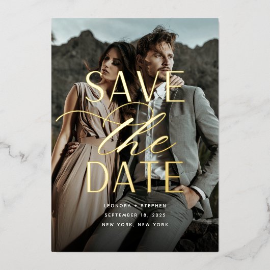 Invitation En Aluminium Script lisse | Photo verticale Enregistrer la date (Recto)