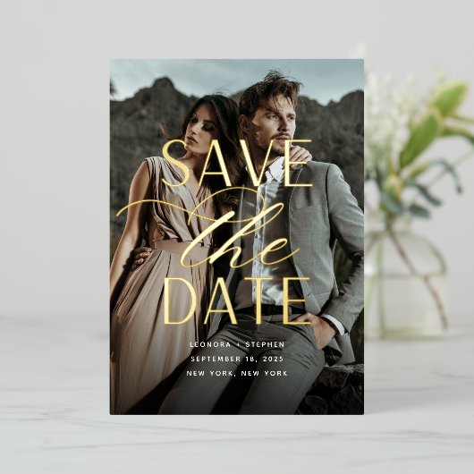 Invitation En Aluminium Script lisse | Photo verticale Enregistrer la date (Debout devant)