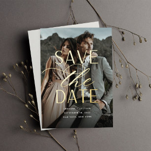 Invitation En Aluminium Script lisse Photo verticale Enregistrer la date