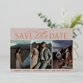 Invitation En Aluminium Script lisse | Trois photos Enregistrer la date (Debout devant)