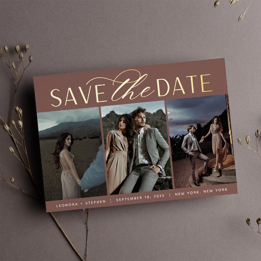Invitation En Aluminium Script lisse | Trois photos Enregistrer la date