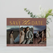 Invitation En Aluminium Script lisse | Trois photos Enregistrer la date (Debout devant)