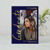 Invitation En Aluminium Script marine or diplômé 4 photos graduation (Debout devant)